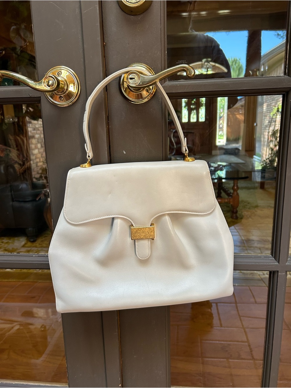 Purchased 1950s in Italy a Bone-Colored Top-Handle Women’s Soft Leather handbag